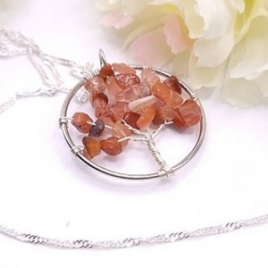Twisted silver Tree of Life, natural orange pebble stone, necklace. New!